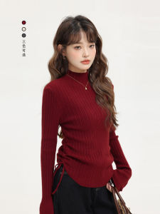 Áo Len Dệt Kim Màu Đỏ Noel XinmonLee Dáng Ôm Cổ Cao Xếp Ly Thời Trang Công Sở Thường Ngày Dài Tay Cổ Tròn Màu Trơn