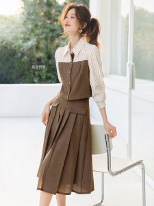 Mehemayi Color Block Striped Design Shirt And Skirt Set Commute Ensemble Spring 2025 Polyester Fiber Long Sleeve Polo Collar