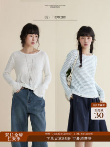 เสื้อยืดลายทางแขนยาวบางไหล่เดียว เสื้อชั้นในแบบลำลองสำหรับฤดูใบไม้ร่วง เสื้อผ้าทำงานขาว ทรงหลวม สไตล์เรียบง่าย