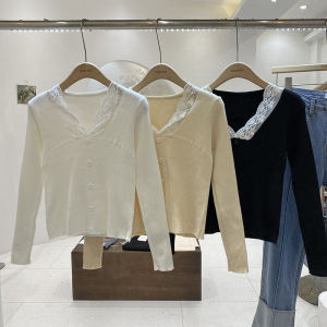 Womens Short V-neck Lace Knitwear Slimming White Base INS Inner Wear Casual Commute Pure Color Long Sleeve Crew Neck Top