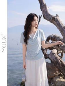 YOUXIANG | Áo Ngắn Tay Thiết Kế Giảm Cân Vai Voan Xanh
