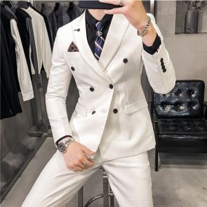 White Double-Breasted Slim Fit Wedding Suit for Men Korean Style Casual High-End Feeling West Coat Groom Marriage Dress Suit