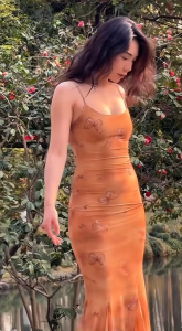 เดรสยาวสีน้ำตาล ลายผีเสื้อ สายเดี่ยว ปรับสายได้ ผ้าตาข่าย มีซับในเต็มตัว กระโปรงทรงหางปลา Dress ชุดไปทะเล #8146