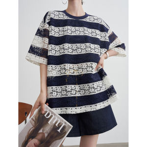 Blue and White Striped Lace Heavy Embroidery T-shirt Womens Short Sleeve