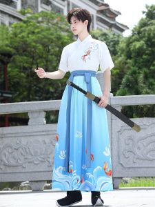 Original Hanfu Mens Summer Short Sleeve Embroidered Martial Arts Ancient Costume Full Set Blue Youth High School Student Traditional Chinese Fashion