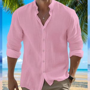Mens Casual Baggy Cotton Linen Shirt Solid Slim Long Sleeve Blouser Retro Button Down Tops Plus Size