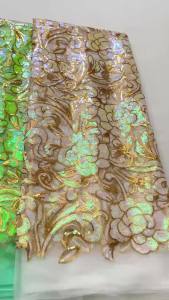 African Sequins Lace Fabric - Green Floral Pattern with Gold-Toned Embellishments For Bridal Wear Evening Gowns African Attire