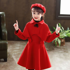 Spring Autumn Woolen Princess Dress Childrens Wear Set for Girls Fashionable Red Long Sleeve A-Line Skirt Korean Style