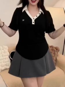 plus Size V-Neck Black Short Sleeve T-Shirt Women Summer New Style Slimming Folded Shoulder Korean Version Casual Basic Top