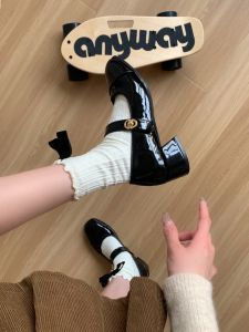 French Style Mary Jane Womens Shoes Low Heel Thick Heel Buckle Strap Single Shoes Fashionable Casual round Toe Leather