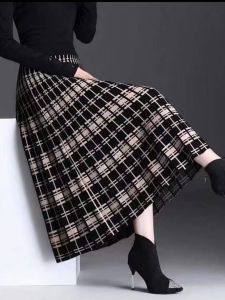 Knitting Skirt Womens Winter with Sweater Woolen Dress Mid Length Long Length Big Hem A- line Skirt Thick Wool Plaid Long Dress