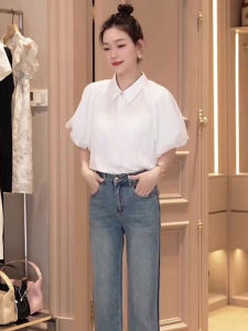 เสื้อเชิ้ตแขนพองสไตล์เรียบง่ายสำหรับผู้หญิง ทรงหลวม สไตล์ทำงาน เสื้อเชิ้ตแขนสั้นคอโปโล ทรงปกติ สีสันสดใส ผ้าฝ้ายผสมโพลีเอสเตอร์