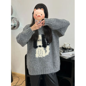 BINKAFENNY | Soft Plush Korean Style Lazy Dog Print Womens Sweater Loose Outerwear Knitted Top For Autumn Winter Comfortable Breathable