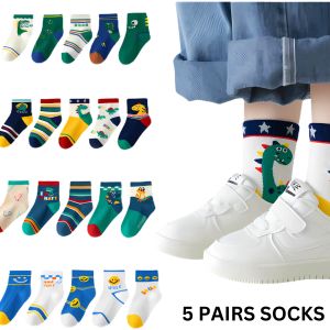 Kids High Quality 5 Pairs Cotton Socks Dinosaur Animal Smiley Face Basketball Socks for Boys and Girls 1-12 Years Old