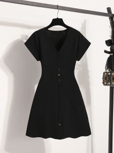 French Style Black Knitted Short Sleeve Dress Womens Summer plus Size Slimming V-Neck Mini Dress High Waist A-Line Skirt