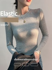 MiiOW | เสื้อยืดคอตั้งสีเทาสำหรับผู้หญิงในช่วงต้นฤดูใบไม้ร่วง ทรงหลวม แขนยาว ทรงปกติ ผลิตจากโมดอล แฟชั่นฤดูใบไม้ร่วง 2025