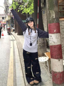 High Waist Wide Leg Jeans Womens Spring Design Sense Long Pants Black Cartoon Dachshund Dog Embroidery Floor-Length Pants