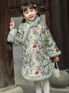 Childrens Cheongsam Winter New Style Reformed Hanfu Midi Dress Cotton Clothes Traditional Chinese New Year Girls Outfit