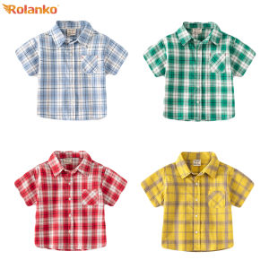 Rolanko Kids Boys Summer Plaid Casual Shirt Children Short Sleeve T-shirt Top Formal Suit Tshirt Wedding Birthday Party Clothes Cotton Grey Yellow 2-7 Years