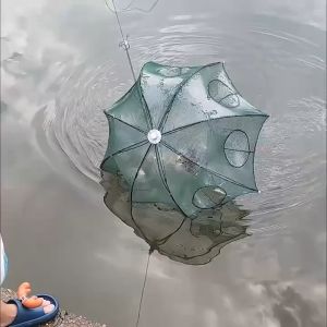 6 holes /8 holes/10 holes Portable Automatic Folding Umbrella Trap Type Fishing Net Nylon Crab Shrimp Net Trap Cast Dip Cage Fishing Bait Shrimp Cage Crab Fish Trap Cast Net