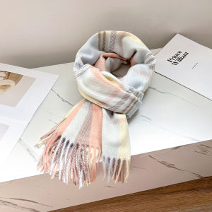 ผ้าพันคอสีน้ำเงินลายสก็อตสไตล์เกาหลีสำหรับผู้หญิงในฤดูหนาว ผ้าพันคอแบบอเนกประสงค์ อบอุ่น สำหรับนักเรียน คู่รัก สไตล์หวานๆ ผ้าฝ้ายผสมขนสัตว์เทียม