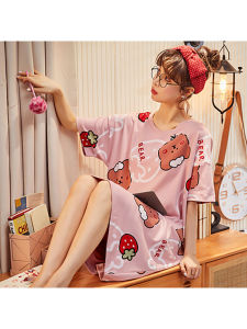 Comfortable Polyester Short Sleeve Sleep Dress Sweet Cartoon Print Home Clothes for Students Medium Length Spring Autumn Wear