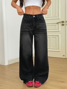 Retro High Waist Jeans Womens Fashion Y2K Straight Loose Denim Trousers Casual Vintage Washed Black Gary Girls Casual Pants