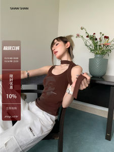 Shiny American Style Coffee Print Strap Vest Women Summer Outerwear New 2025 Sleeveless Top Inner Match Hot Girl