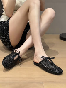 FANGXI | French Style Bow Cutout Woven Open Toe Slide Sandals