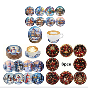 8 Christmas snowman print pads suitable for daily family party decoration office and anti-slip wooden coasters