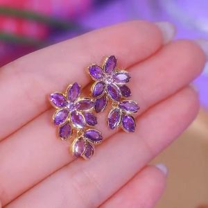 Elegant Purple Zircon Flower Leaf Earrings for Women Luxury Design 925 Silver Needle Ear Jewelry Korean Style Fashion Accessories