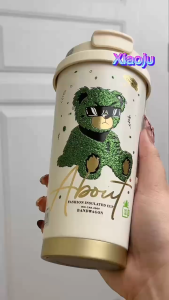 XIAOJU แก้วกาแฟลายหมี แก้วเสี่ยวจูเคลือบเซรามิก ขนาด 520ml เก็บ ร้อน & เย็น ได้ กรองชาได้ สแตนเลส316