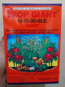 CROP GIANT 15-15-30+M.E. NET CONTENT:1KG ALDIZ INCORPORATED FPA REG. NO. 1-1IF-442 HIGH-GRADE WATER SOLUBLE FOLIAR FERTILIZER FOR FLOWER AND FRUIT DEVELOPMENT
