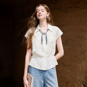 XIANGYING | French Commuter Scarf Tied Waist Rayon White Shirt