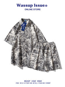 Wassup Issue Hong Kong Style Casual Shirt Mens Summer 2024 New Thin Short Sleeve Short Pants Teenager Set Polyester Fiber