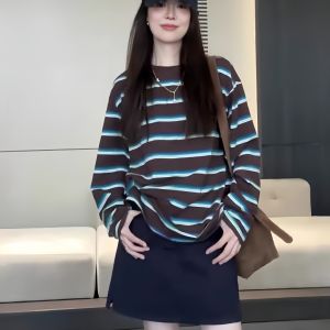 Áo Thun Dài Tay Kẻ Sọc Cổ Tròn Rộng Rãi Phong Cách Mỹ Cổ Điển Dành Cho Nữ Đầu Thu Mới Thời Trang Thanh Lịch Cao Cấp