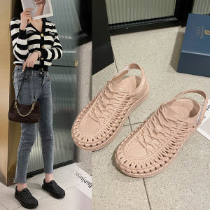 Roman Style Toe Cover Sandals Womens Summer Outdoor Wear Thick Bottom Beach Shoes Two-Way Wearable Slip-On Casual Sandals