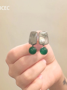 S925 Sterling Silver Bamboo Green Agate Earrings Chinese Style Qipao Hanfu Vintage Ear Jewelry Elegant Womens Fashion Accessories