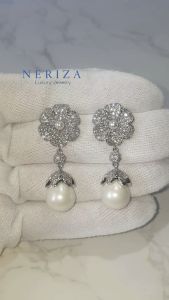 Neriza Jewelry/ ต่างหูระย้าเพชรสังเคราะห์ประดับมุก เกรดพรีเมี่ยม ประกายไฟเทียบเท่าเพชรแท้ NE187