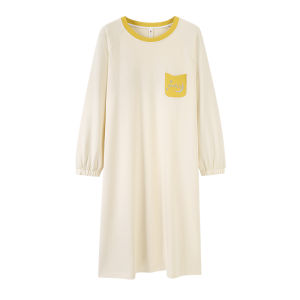 miiow | Pure Cotton Sleep Dress Womens Spring Autumn Long Sleeve Thin Chest Pad Home Clothes Midi Dress Comfortable Breathable Casual