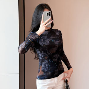 REHIN Women’s Half Turtleneck Mesh Long Sleeve T-Shirt Elegant Slim Fit Base Layer Fashion Top