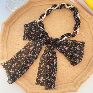 Spring Summer Floral Silk Scarf Hairband Womens Pearl Long Ribbon Braided Headband 2025 New Style Integrated Hairband