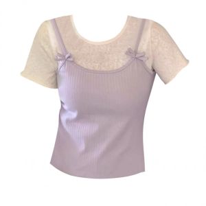 กระโปรงสแลบเข้ารูปสีตัดกันสไตล์ลำลองสำหรับเดตกาพันนกปีกคซึ่บแต่อ้อยคอเตี้ยแขนสั้นสำหรับผู้หญิงแฟ็ต