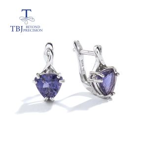 925 sterling silver womens clasp earrings real gemstones Natural triangle 8.0mm iolite fine jewelry for anniversary party gifts