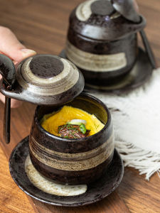 Retro Ceramic Casserole Dish Soup Bowl with Lid for Home Use Restaurant Steamed Egg Pudding Bowl Birds Nest Steaming Bowl