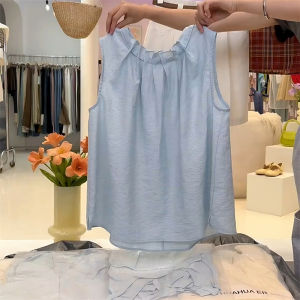 High-End Design Sleeveless Ruffles Shirt Womens Summer Crewneck Round-Neck Top Quality Work Clothing Pure Color Pattern