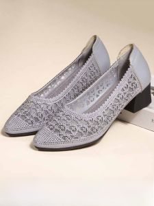 SHIPAILUO | New 2025 Womens Sandals Head Cover Breathable Mesh Pointed Toe Soft Bottom Mid Heel Leather Thick Heel Casual Low Cut Rubber Sole