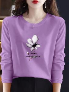 เสื้อยืดแขนยาวผู้หญิง ผ้าฝ้ายแท้ แฟชั่นฤดูใบไม้ร่วง/ฤดูหนาว เสื้อชั้นในบาง ไซส์ใหญ่ เสื้อตัวบน เสื้อผ้าทำงาน