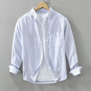 เสื้อเชิ้ตแขนยาวผู้ชายลายทางสไตล์ญี่ปุ่น ทรงหลวม ผ้าฝ้าย Oxford ระบายอากาศได้ดี สวมใส่สบาย ฤดูใบไม้ผลิ ฤดูใบไม้ร่วง