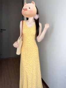 Váy Dài Mùa Hè Ôm Vừa Vặn Kiểu Pháp Đầu Tiên Cho Nữ Váy Midi Không Tay Cổ Chữ V Họa Tiết Hoa Váy Dài Mùa Hè